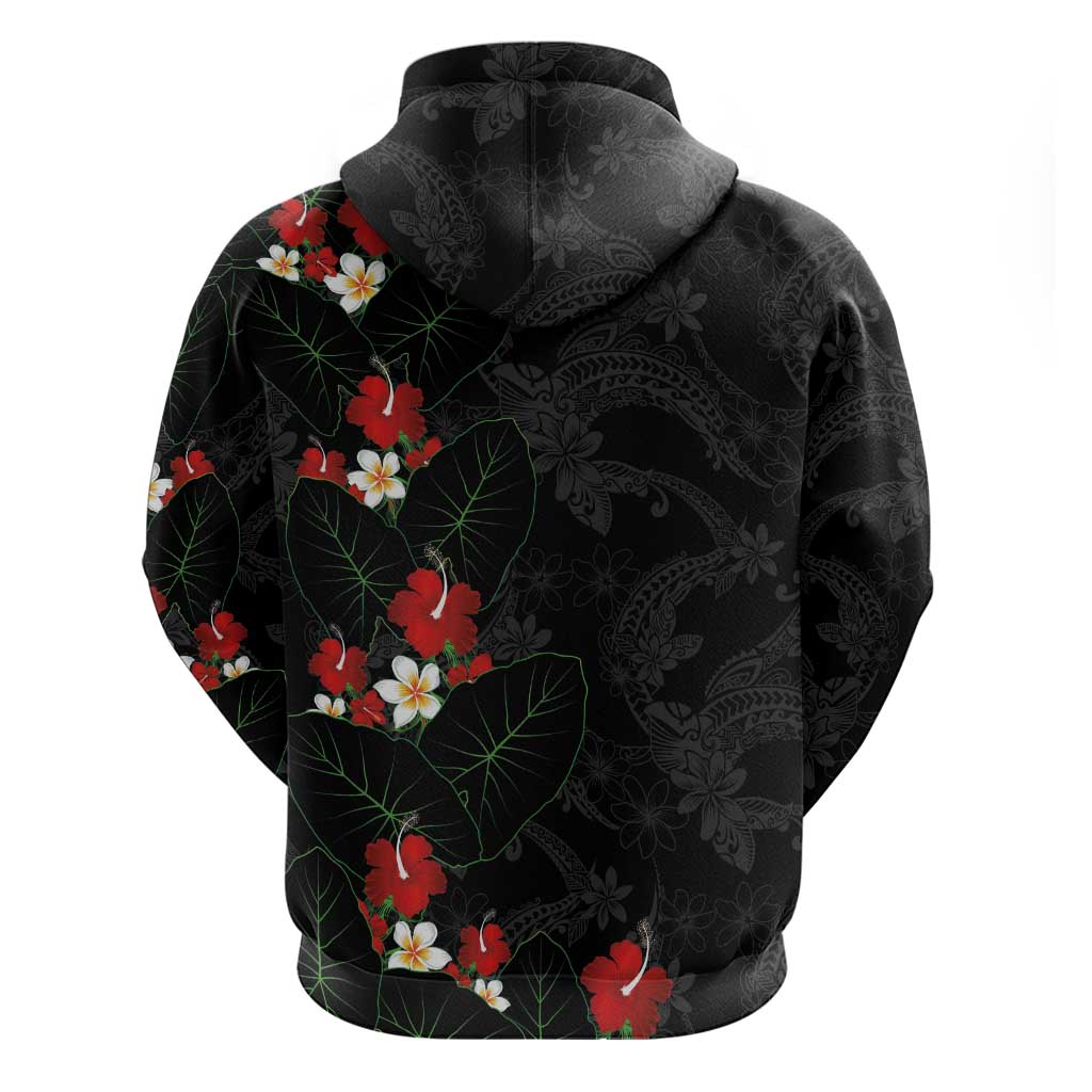 Hawaiian Taro Leaves-Hibiscus and Plumeria Zip Hoodie Floral Tribal Tattoo Motif LT03 - Polynesian Pride