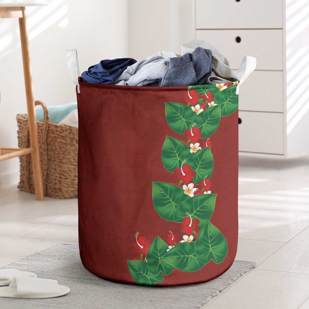 Hawaiian Taro Leaves-Hibiscus and Plumeria Laundry Basket Polynesian Art-Kakau Tattoo Red LT03 Red - Polynesian Pride