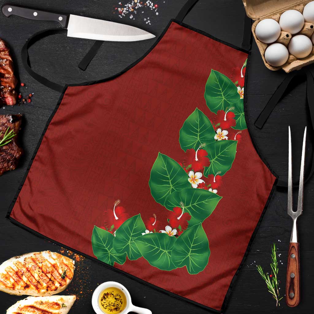 Hawaiian Taro Leaves-Hibiscus and Plumeria Apron Polynesian Art-Kakau Tattoo Red LT03 Red - Polynesian Pride
