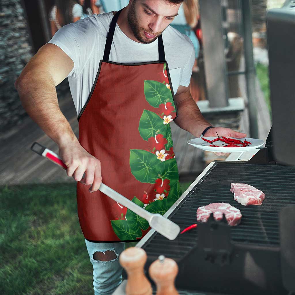 Hawaiian Taro Leaves-Hibiscus and Plumeria Apron Polynesian Art-Kakau Tattoo Red LT03 - Polynesian Pride