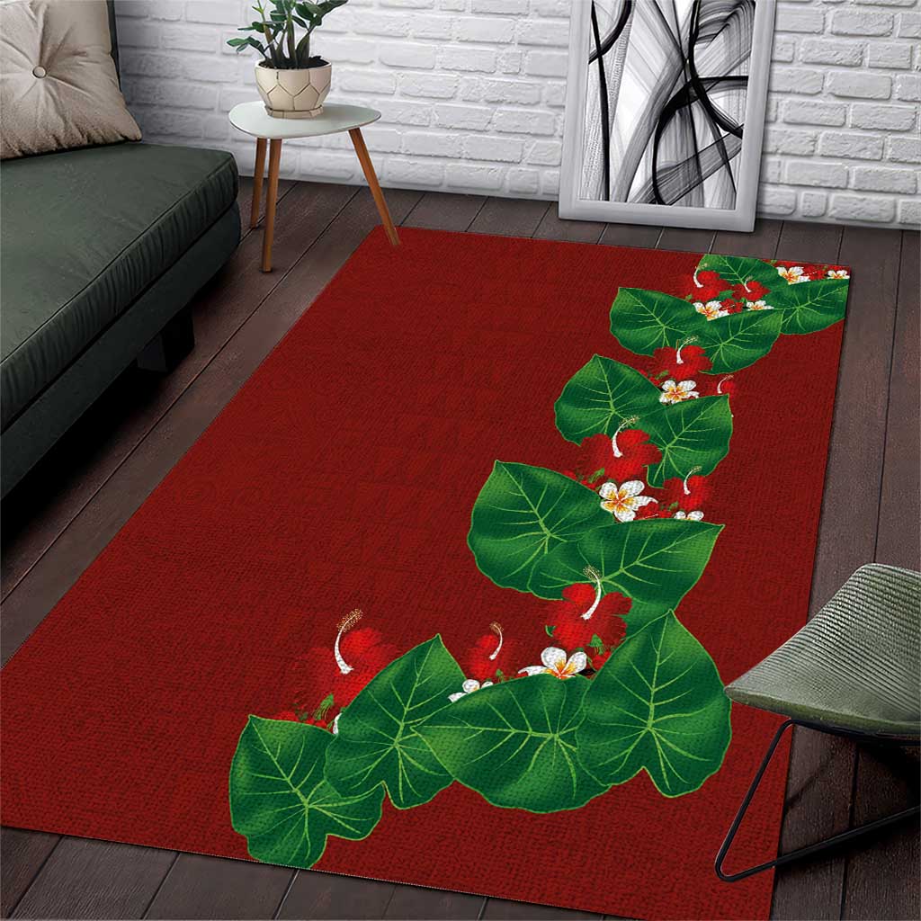 Hawaiian Taro Leaves-Hibiscus and Plumeria Area Rug Polynesian Art-Kakau Tattoo Red LT03 Red - Polynesian Pride
