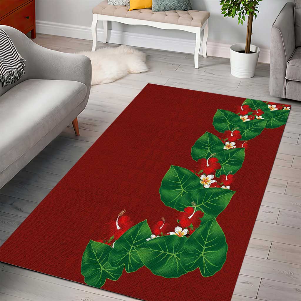 Hawaiian Taro Leaves-Hibiscus and Plumeria Area Rug Polynesian Art-Kakau Tattoo Red LT03 - Polynesian Pride