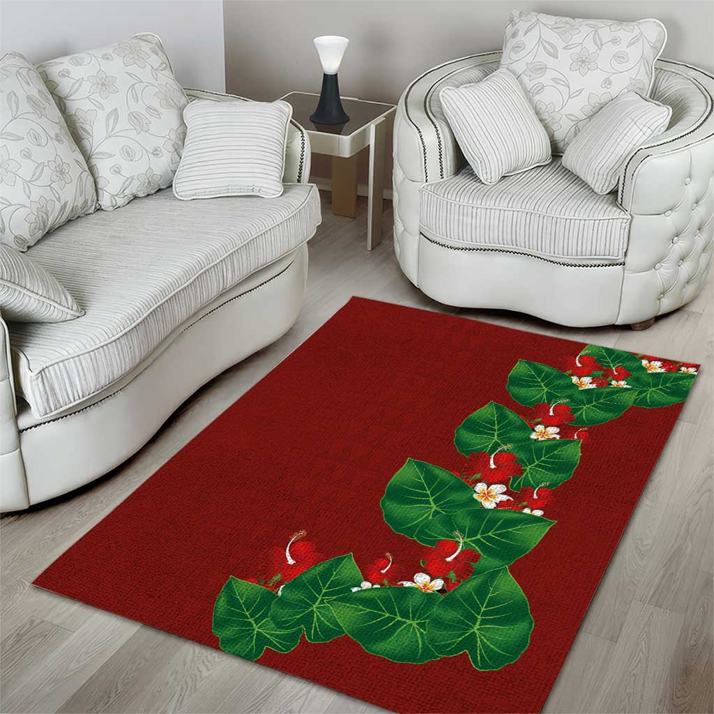 Hawaiian Taro Leaves-Hibiscus and Plumeria Area Rug Polynesian Art-Kakau Tattoo Red LT03 - Polynesian Pride