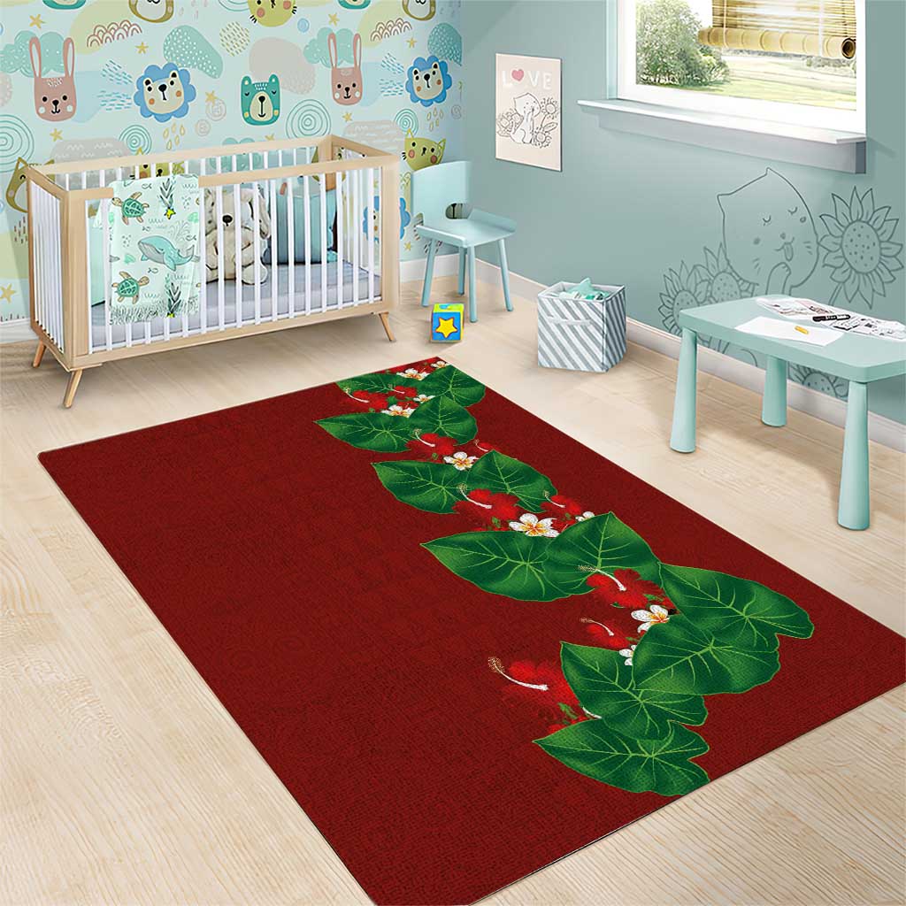 Hawaiian Taro Leaves-Hibiscus and Plumeria Area Rug Polynesian Art-Kakau Tattoo Red LT03 - Polynesian Pride