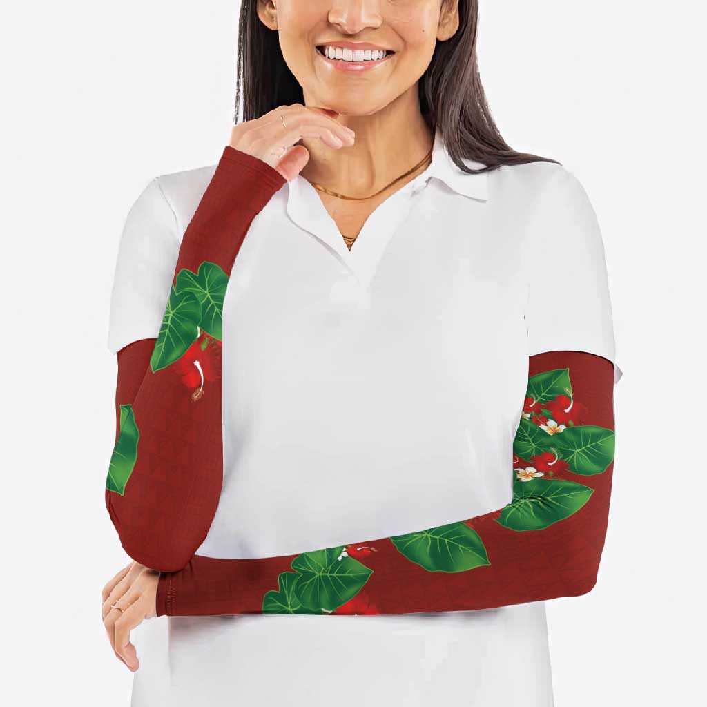 Hawaiian Taro Leaves-Hibiscus and Plumeria Arm Sleeves Polynesian Art-Kakau Tattoo Red LT03 - Polynesian Pride