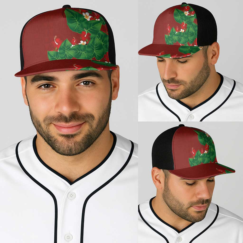 Hawaiian Taro Leaves-Hibiscus and Plumeria Baseball Net Cap Polynesian Art-Kakau Tattoo Red LT03 - Polynesian Pride