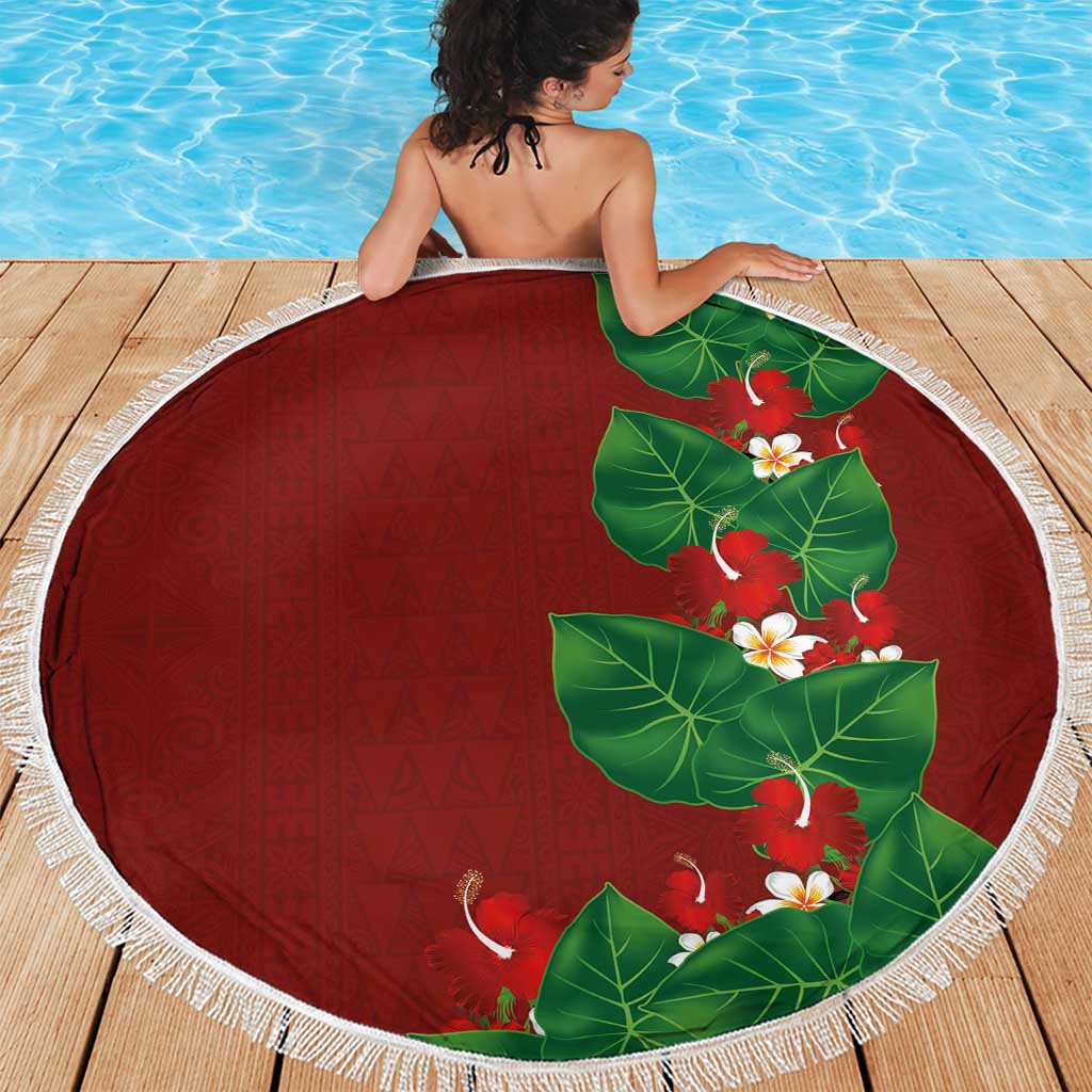 Hawaiian Taro Leaves-Hibiscus and Plumeria Beach Blanket Polynesian Art-Kakau Tattoo Red LT03 - Polynesian Pride