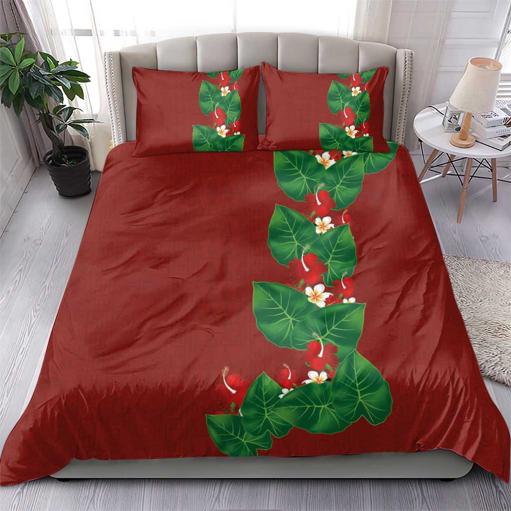 Hawaiian Taro Leaves-Hibiscus and Plumeria Bedding Set Polynesian Art-Kakau Tattoo Red LT03 - Polynesian Pride