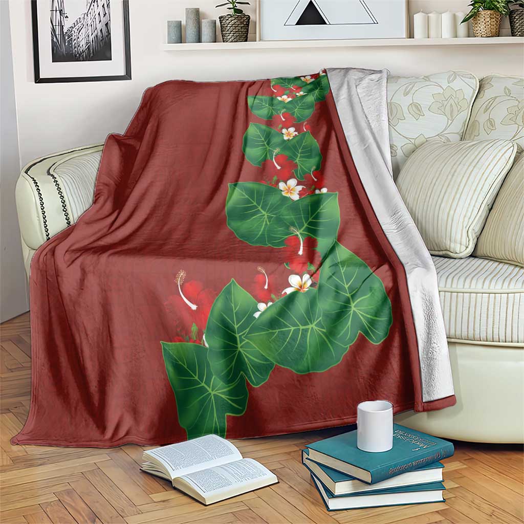 Hawaiian Taro Leaves-Hibiscus and Plumeria Blanket Polynesian Art-Kakau Tattoo Red LT03 Red - Polynesian Pride