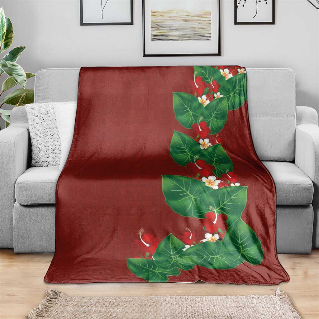 Hawaiian Taro Leaves-Hibiscus and Plumeria Blanket Polynesian Art-Kakau Tattoo Red LT03 - Polynesian Pride