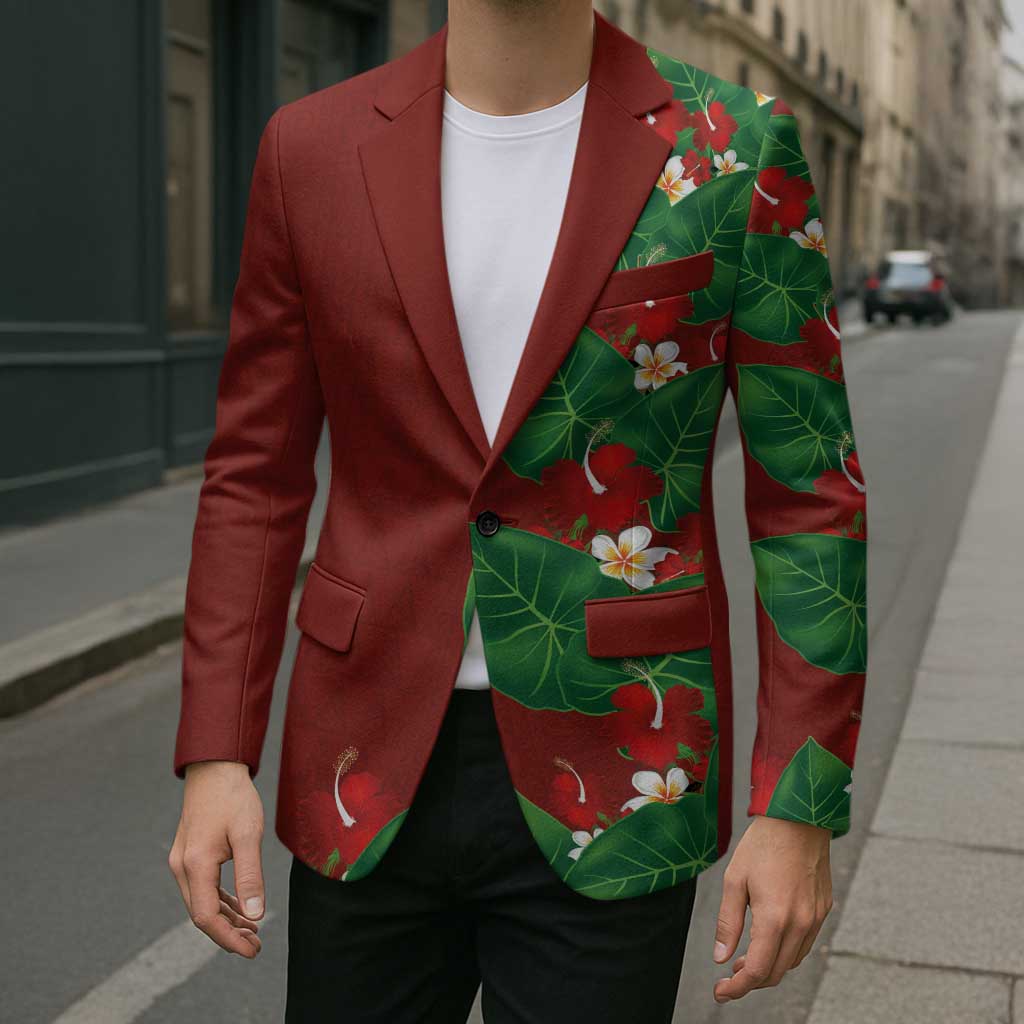 Hawaiian Taro Leaves-Hibiscus and Plumeria Blazer Polynesian Art-Kakau Tattoo Red LT03 - Polynesian Pride
