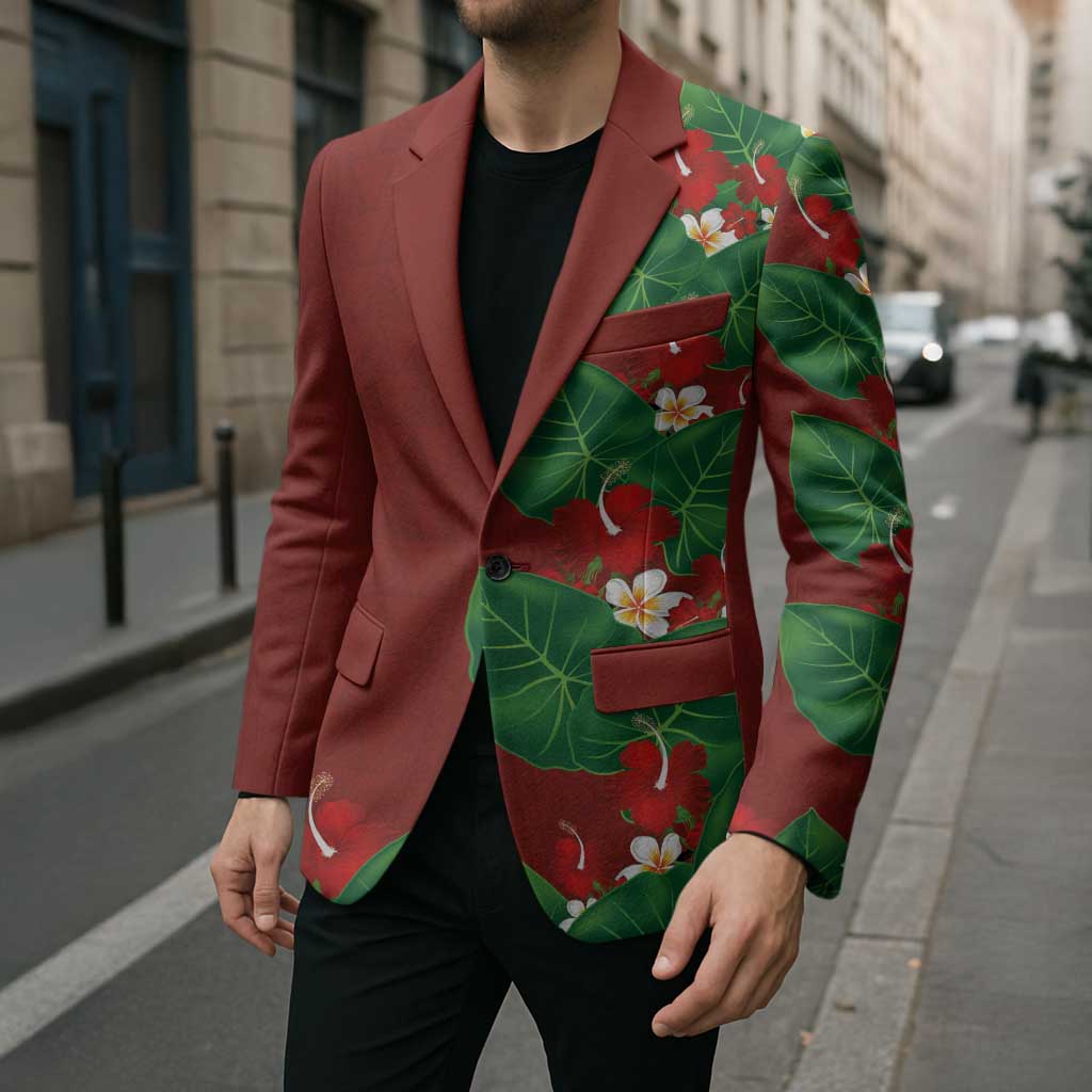 Hawaiian Taro Leaves-Hibiscus and Plumeria Blazer Polynesian Art-Kakau Tattoo Red LT03 - Polynesian Pride