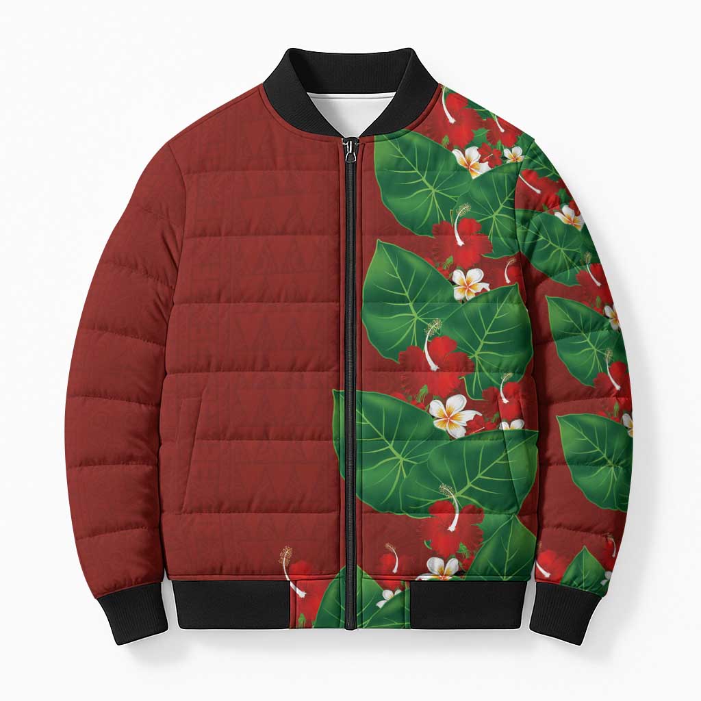 Hawaiian Taro Leaves-Hibiscus and Plumeria Bomber Puffer Jacket Polynesian Art-Kakau Tattoo Red LT03 Unisex Red - Polynesian Pride