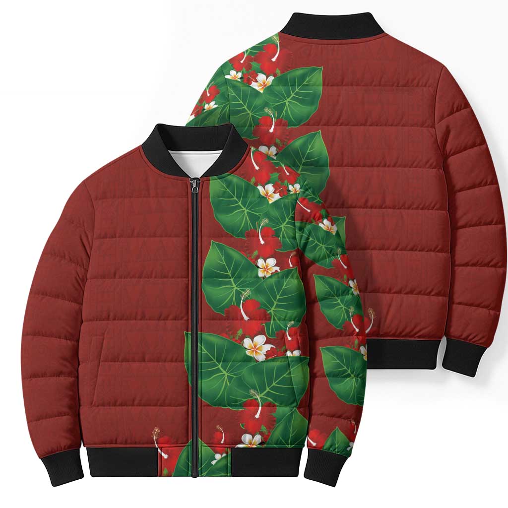 Hawaiian Taro Leaves-Hibiscus and Plumeria Bomber Puffer Jacket Polynesian Art-Kakau Tattoo Red LT03 - Polynesian Pride