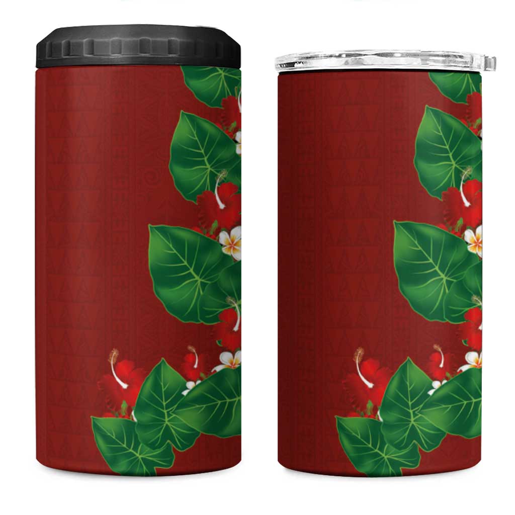 Hawaiian Taro Leaves-Hibiscus and Plumeria 4 in 1 Can Cooler Tumbler Polynesian Art-Kakau Tattoo Red LT03 One Size: 16 oz Red - Polynesian Pride