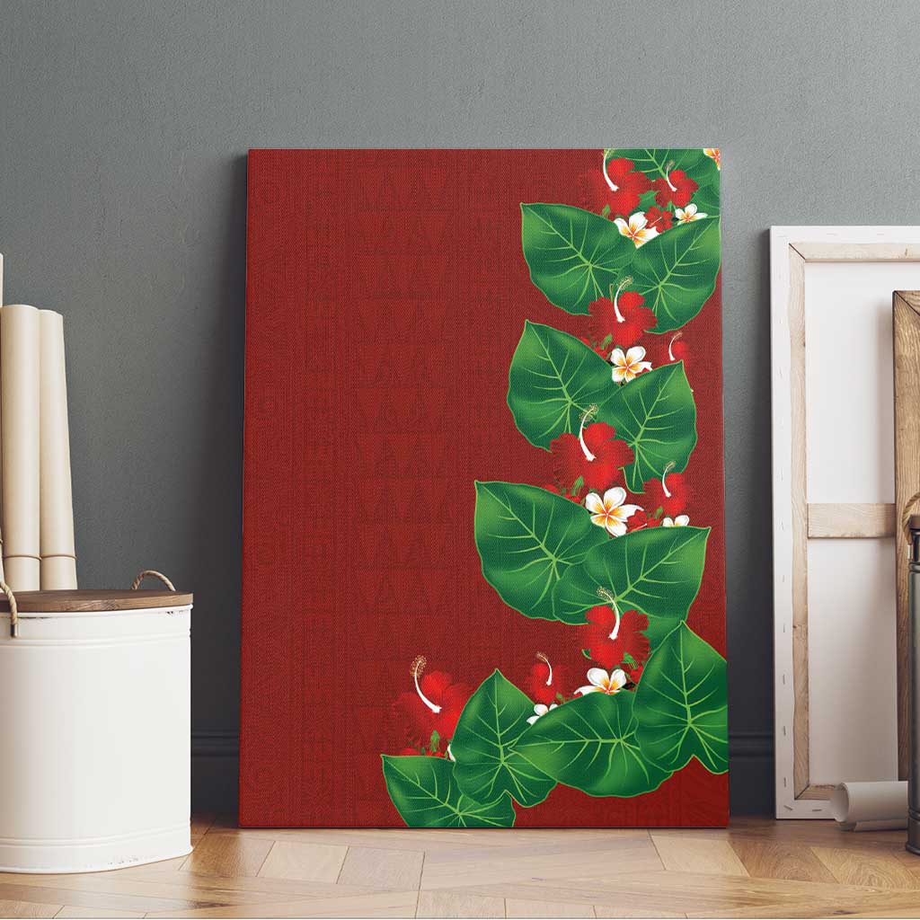 Hawaiian Taro Leaves-Hibiscus and Plumeria Canvas Wall Art Polynesian Art-Kakau Tattoo Red LT03 - Polynesian Pride