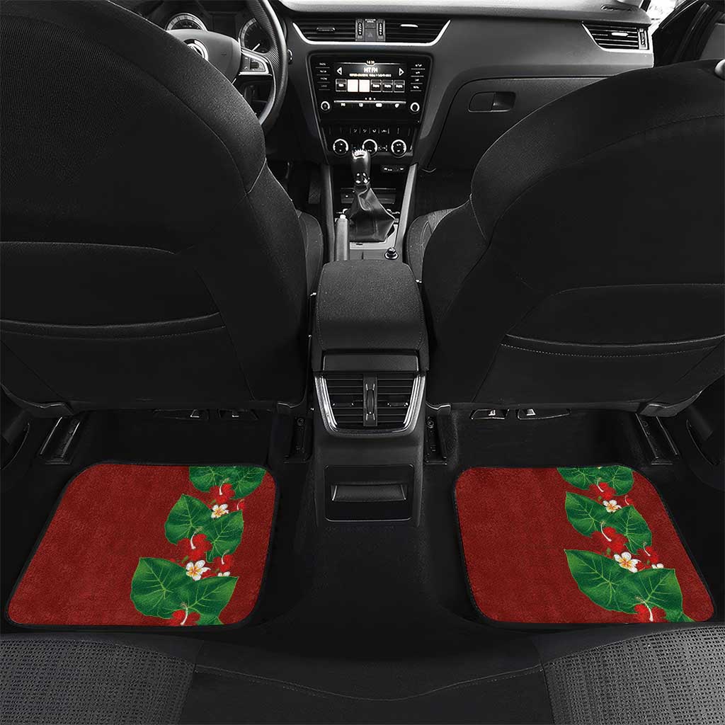Hawaiian Taro Leaves-Hibiscus and Plumeria Car Mats Polynesian Art-Kakau Tattoo Red LT03 Set 2pcs - Back Red - Polynesian Pride