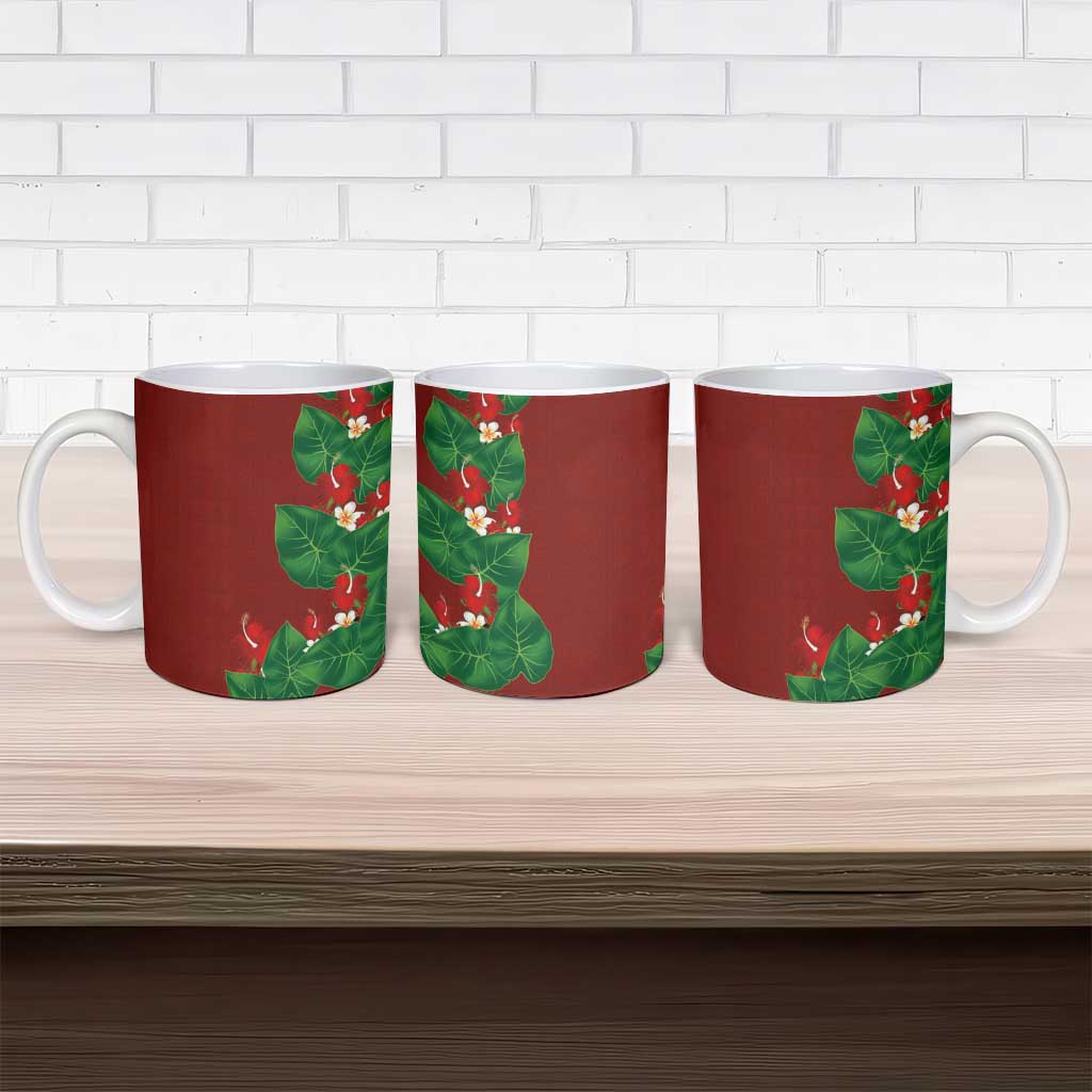 Hawaiian Taro Leaves-Hibiscus and Plumeria Ceramic Mug Polynesian Art-Kakau Tattoo Red