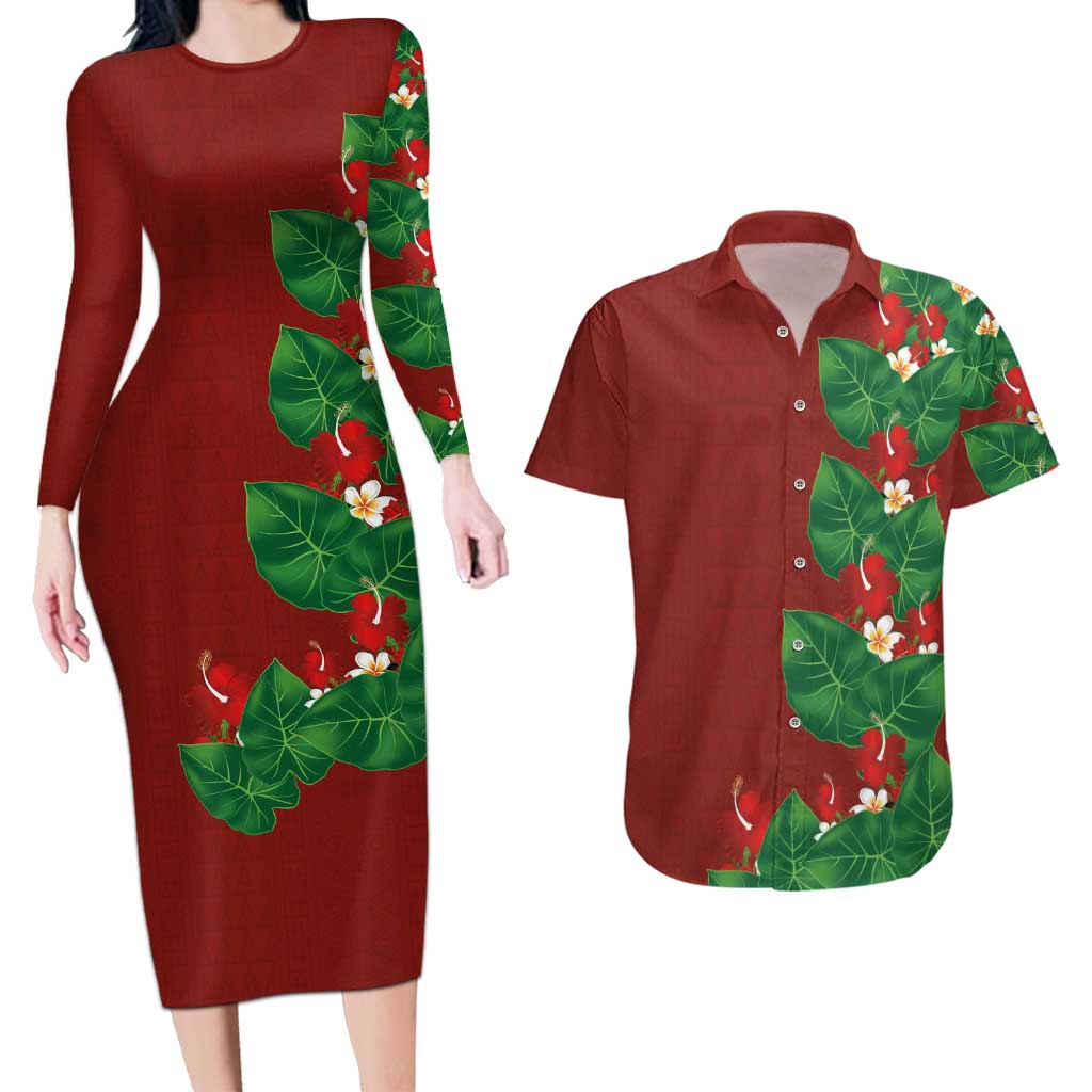 Hawaiian Taro Leaves-Hibiscus and Plumeria Couples Matching Long Sleeve Bodycon Dress and Hawaiian Shirt Polynesian Art-Kakau Tattoo Red LT03 Red - Polynesian Pride