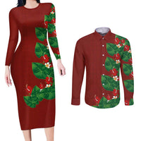 Hawaiian Taro Leaves-Hibiscus and Plumeria Couples Matching Long Sleeve Bodycon Dress and Long Sleeve Button Shirt Polynesian Art-Kakau Tattoo Red LT03 Red - Polynesian Pride