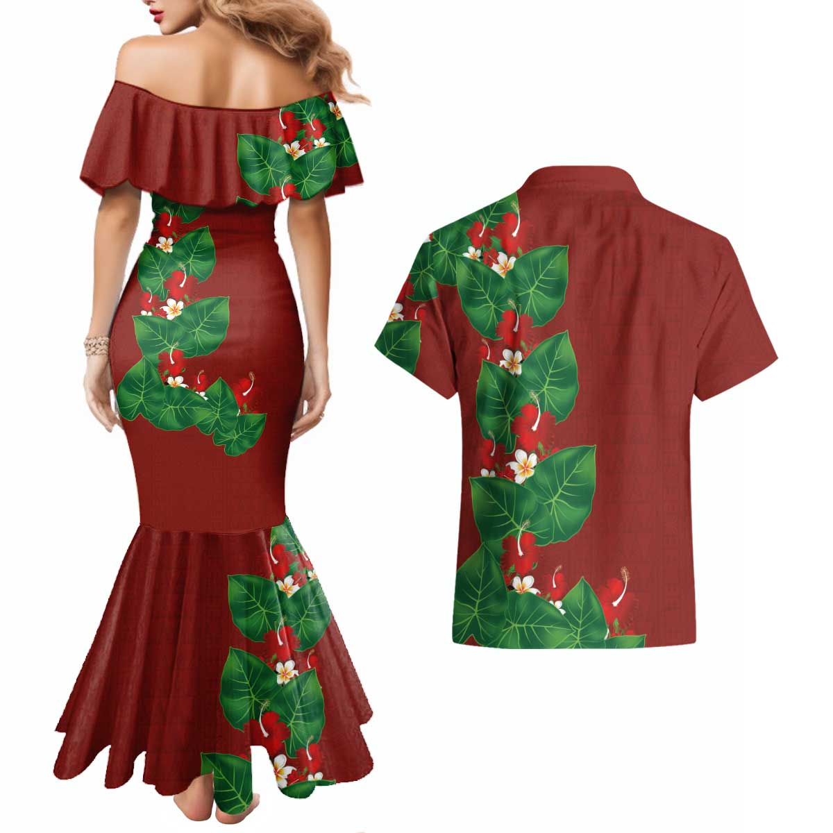 Hawaiian Taro Leaves-Hibiscus and Plumeria Couples Matching Mermaid Dress and Hawaiian Shirt Polynesian Art-Kakau Tattoo Red LT03 - Polynesian Pride