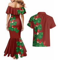 Hawaiian Taro Leaves-Hibiscus and Plumeria Couples Matching Mermaid Dress and Hawaiian Shirt Polynesian Art-Kakau Tattoo Red LT03 - Polynesian Pride