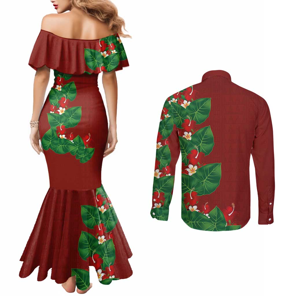 Hawaiian Taro Leaves-Hibiscus and Plumeria Couples Matching Mermaid Dress and Long Sleeve Button Shirt Polynesian Art-Kakau Tattoo Red LT03 - Polynesian Pride