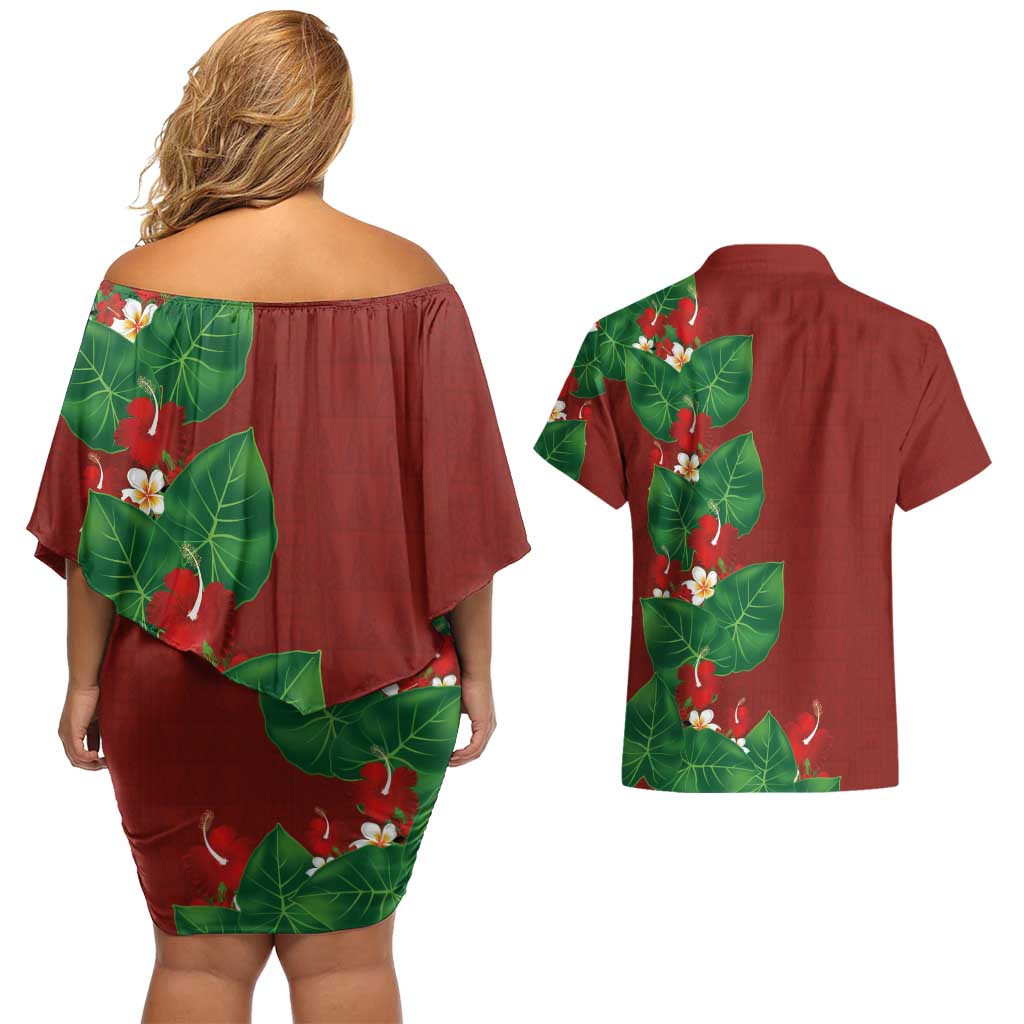 Hawaiian Taro Leaves-Hibiscus and Plumeria Couples Matching Off Shoulder Short Dress and Hawaiian Shirt Polynesian Art-Kakau Tattoo Red LT03 - Polynesian Pride