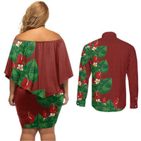 Hawaiian Taro Leaves-Hibiscus and Plumeria Couples Matching Off Shoulder Short Dress and Long Sleeve Button Shirt Polynesian Art-Kakau Tattoo Red LT03 - Polynesian Pride