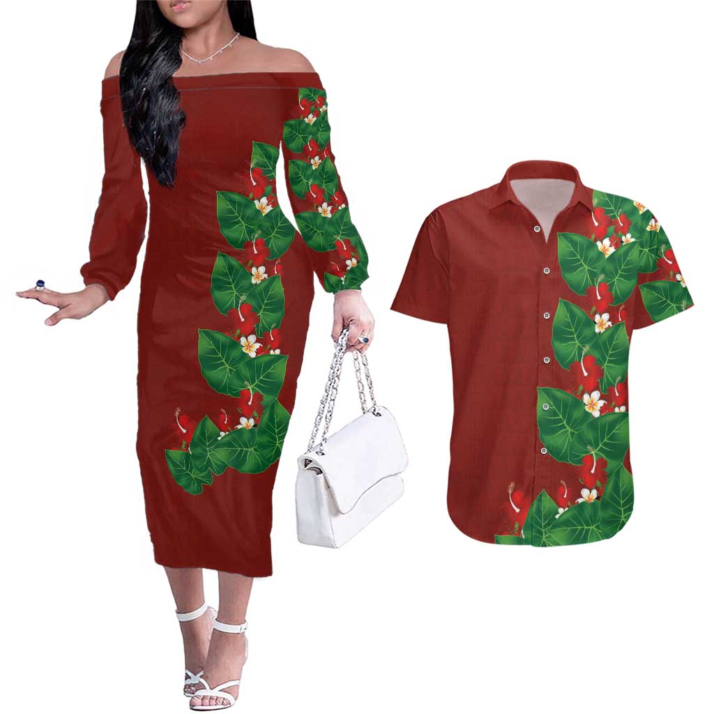 Hawaiian Taro Leaves-Hibiscus and Plumeria Couples Matching Off The Shoulder Long Sleeve Dress and Hawaiian Shirt Polynesian Art-Kakau Tattoo Red LT03 Red - Polynesian Pride
