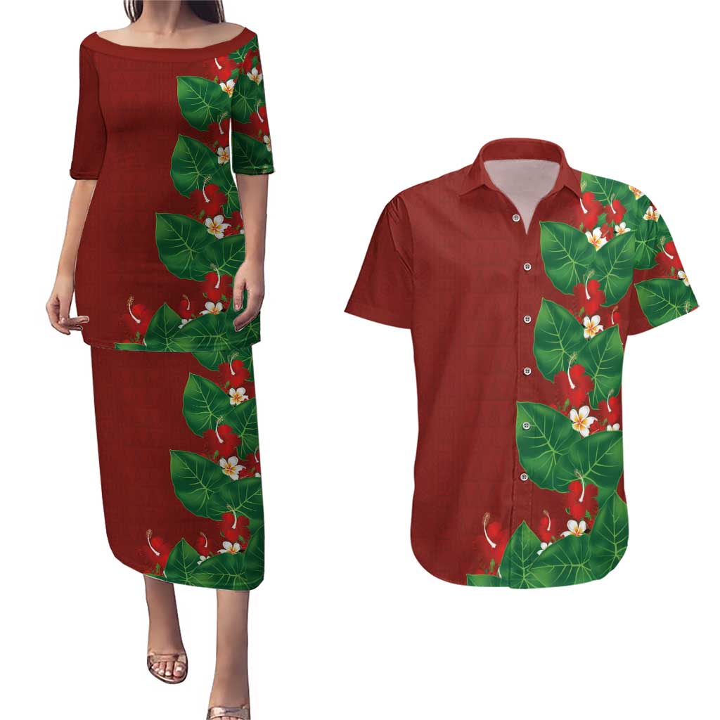 Hawaiian Taro Leaves-Hibiscus and Plumeria Couples Matching Puletasi and Hawaiian Shirt Polynesian Art-Kakau Tattoo Red LT03 Red - Polynesian Pride