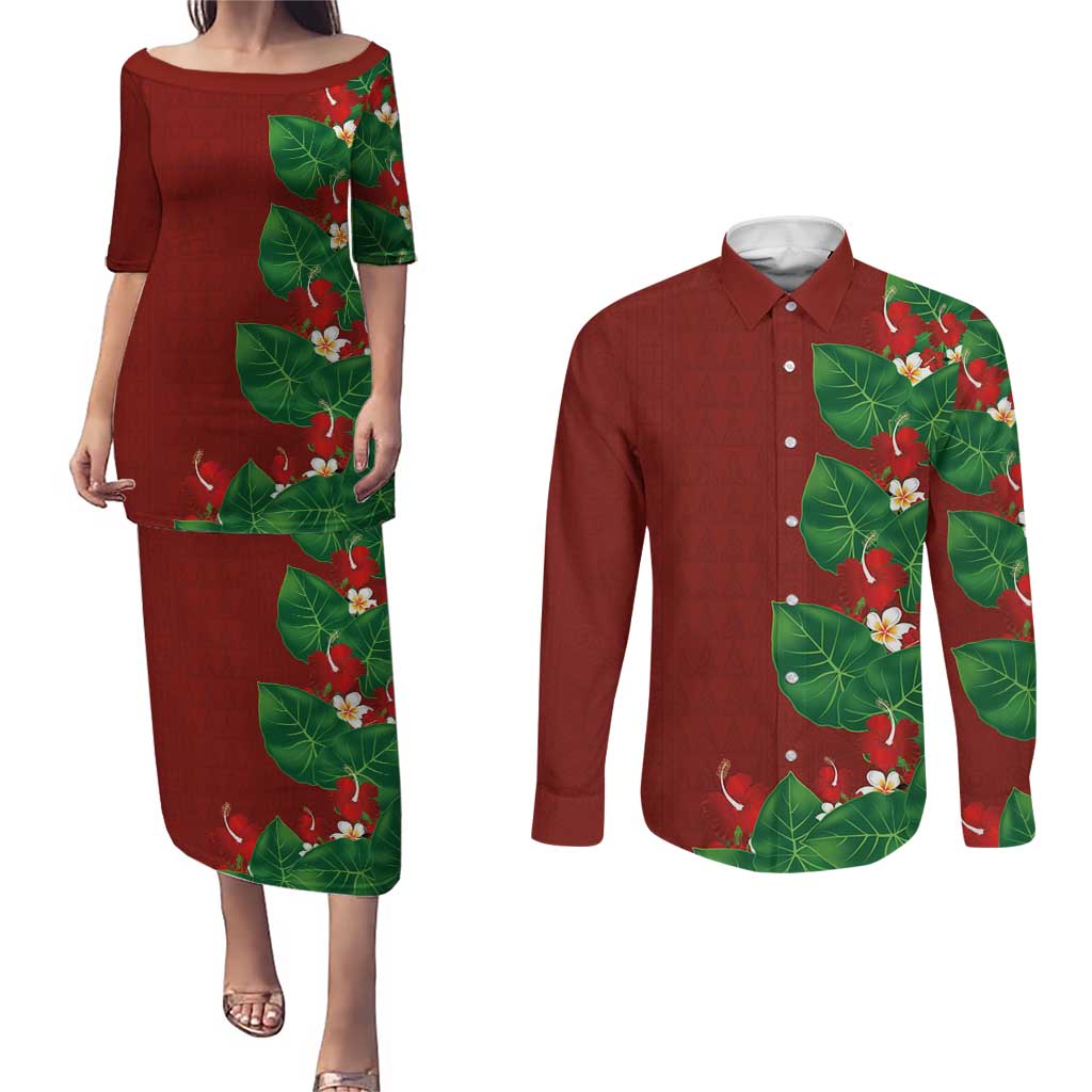 Hawaiian Taro Leaves-Hibiscus and Plumeria Couples Matching Puletasi and Long Sleeve Button Shirt Polynesian Art-Kakau Tattoo Red LT03 Red - Polynesian Pride