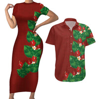Hawaiian Taro Leaves-Hibiscus and Plumeria Couples Matching Short Sleeve Bodycon Dress and Hawaiian Shirt Polynesian Art-Kakau Tattoo Red LT03 Red - Polynesian Pride