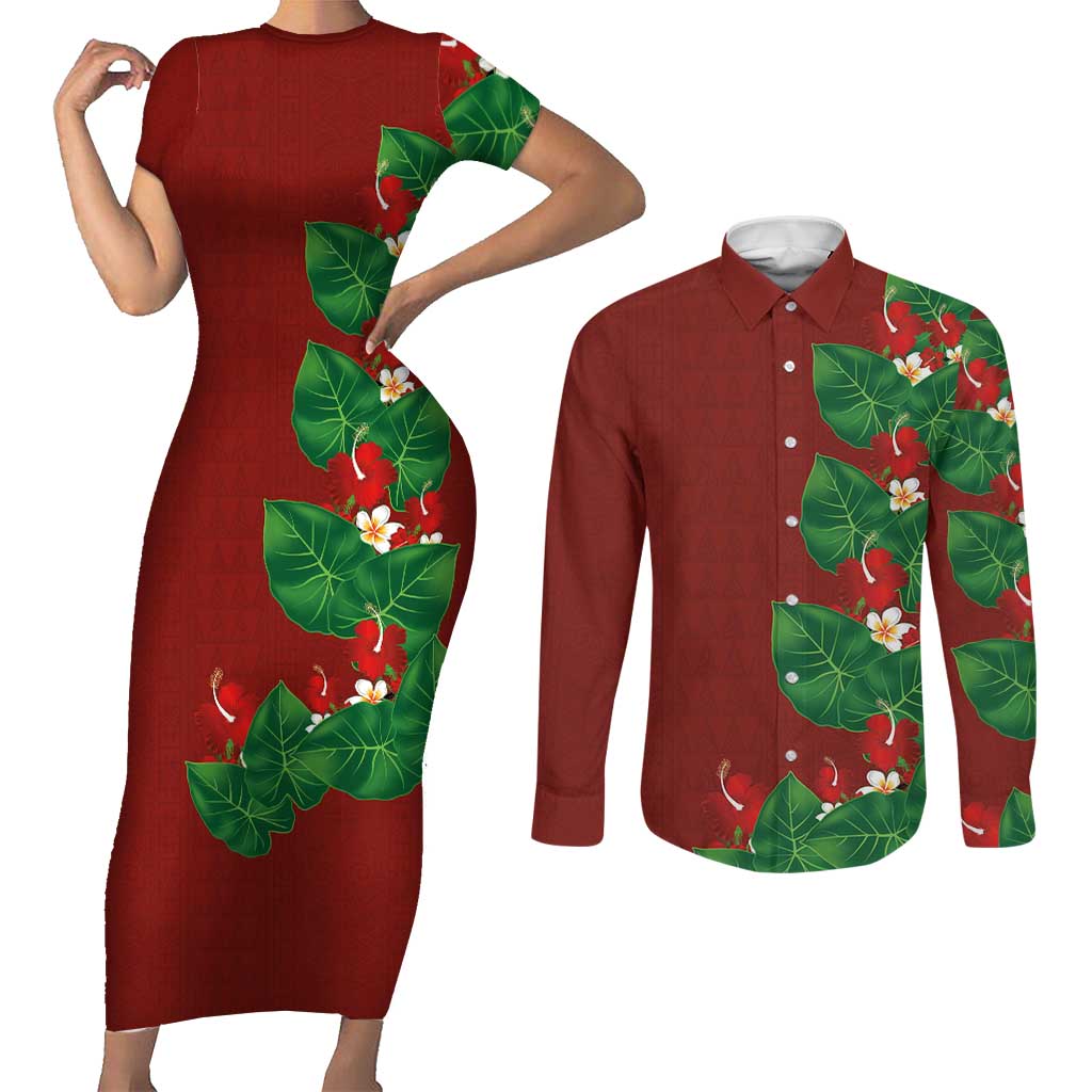 Hawaiian Taro Leaves-Hibiscus and Plumeria Couples Matching Short Sleeve Bodycon Dress and Long Sleeve Button Shirt Polynesian Art-Kakau Tattoo Red