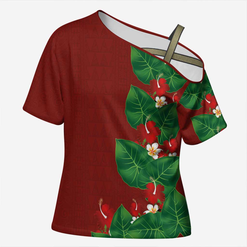 Hawaiian Taro Leaves-Hibiscus and Plumeria Cross Shoulder Shirt Polynesian Art-Kakau Tattoo Red LT03 Female Red - Polynesian Pride
