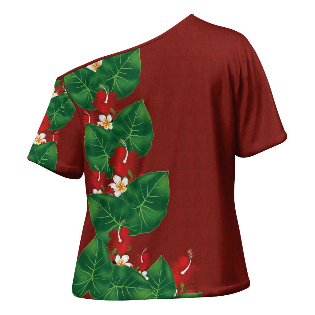 Hawaiian Taro Leaves-Hibiscus and Plumeria Cross Shoulder Shirt Polynesian Art-Kakau Tattoo Red LT03 - Polynesian Pride