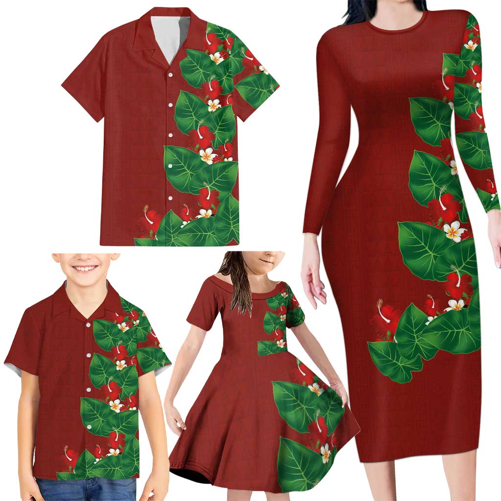 Hawaiian Taro Leaves-Hibiscus and Plumeria Family Matching Long Sleeve Bodycon Dress and Hawaiian Shirt Polynesian Art-Kakau Tattoo Red LT03 - Polynesian Pride