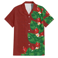 Hawaiian Taro Leaves-Hibiscus and Plumeria Family Matching Off Shoulder Short Dress and Hawaiian Shirt Polynesian Art-Kakau Tattoo Red LT03 Dad's Shirt - Short Sleeve Red - Polynesian Pride