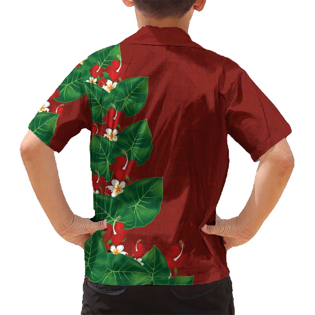 Hawaiian Taro Leaves-Hibiscus and Plumeria Family Matching Puletasi and Hawaiian Shirt Polynesian Art-Kakau Tattoo Red LT03 - Polynesian Pride