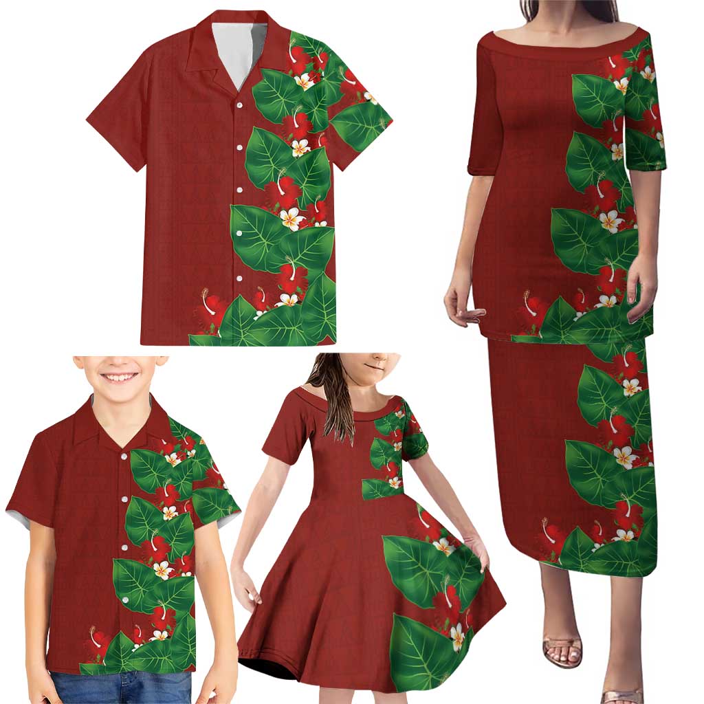 Hawaiian Taro Leaves-Hibiscus and Plumeria Family Matching Puletasi and Hawaiian Shirt Polynesian Art-Kakau Tattoo Red LT03 - Polynesian Pride
