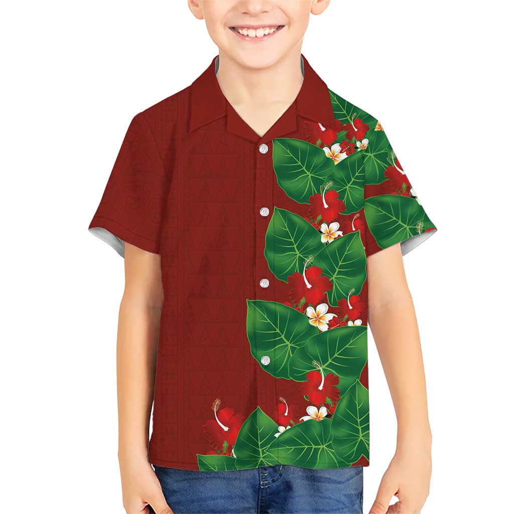 Hawaiian Taro Leaves-Hibiscus and Plumeria Family Matching Puletasi and Hawaiian Shirt Polynesian Art-Kakau Tattoo Red LT03 Son's Shirt Red - Polynesian Pride