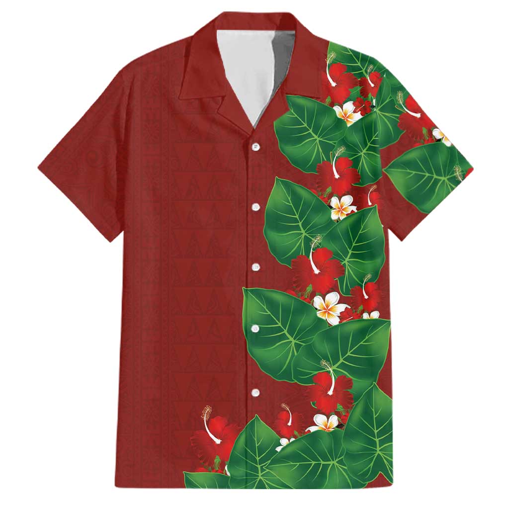 Hawaiian Taro Leaves-Hibiscus and Plumeria Family Matching Short Sleeve Bodycon Dress and Hawaiian Shirt Polynesian Art-Kakau Tattoo Red LT03 Dad's Shirt - Short Sleeve Red - Polynesian Pride