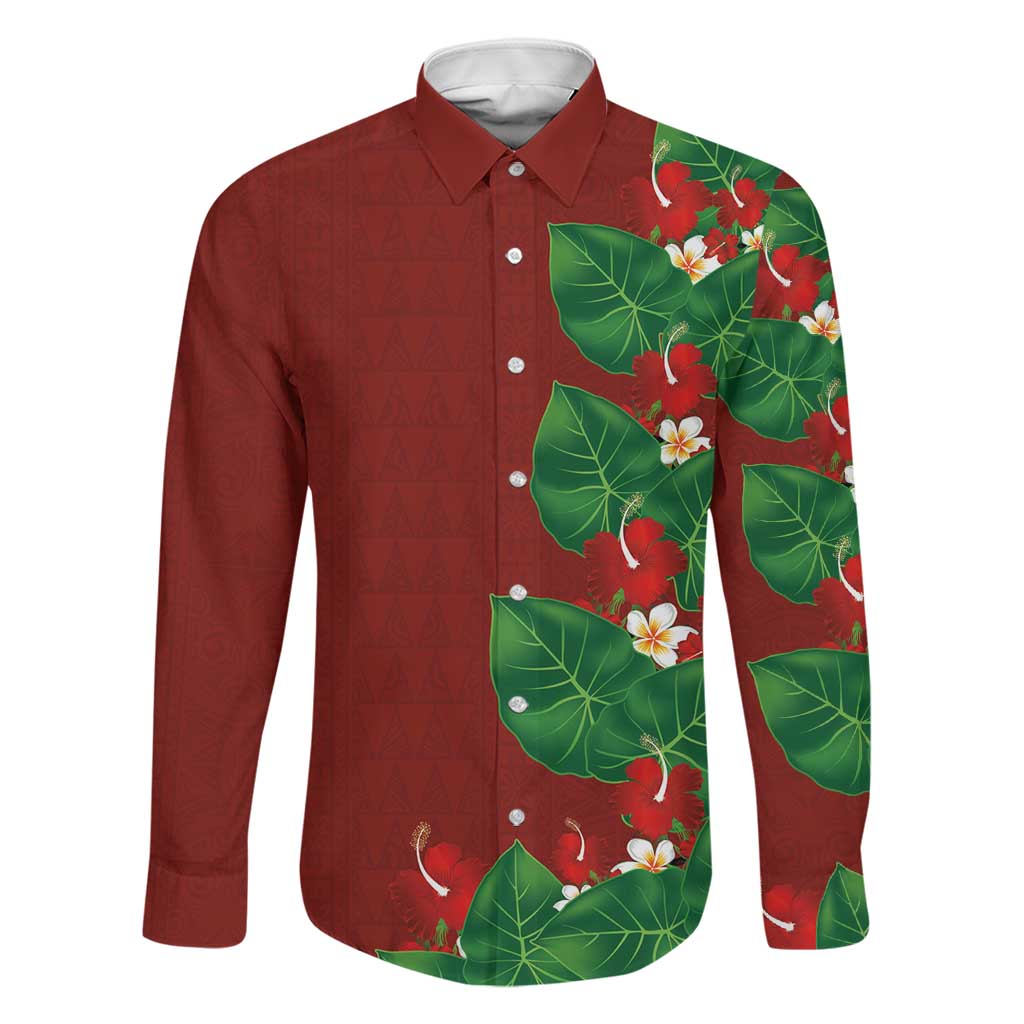 Hawaiian Taro Leaves-Hibiscus and Plumeria Family Matching Short Sleeve Bodycon Dress and Hawaiian Shirt Polynesian Art-Kakau Tattoo Red LT03 Dad's Shirt - Long Sleeve Red - Polynesian Pride