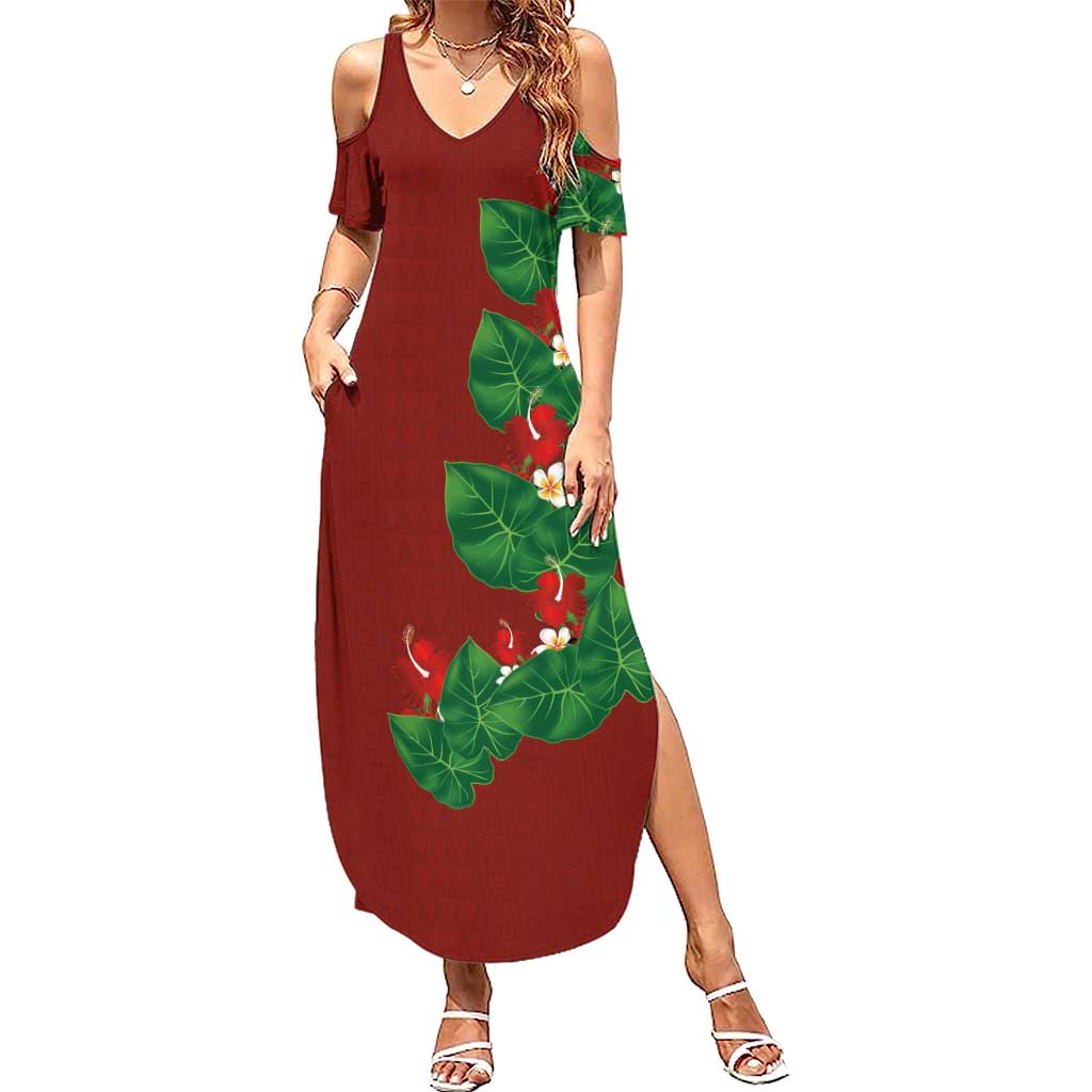 Hawaiian Taro Leaves-Hibiscus and Plumeria Family Matching Summer Maxi Dress and Hawaiian Shirt Polynesian Art-Kakau Tattoo Red LT03 Mom's Dress Red - Polynesian Pride