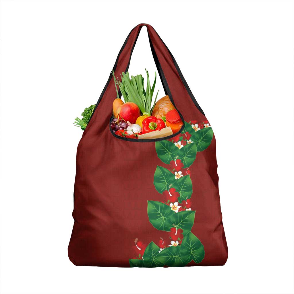Hawaiian Taro Leaves-Hibiscus and Plumeria Grocery Bag Polynesian Art-Kakau Tattoo Red