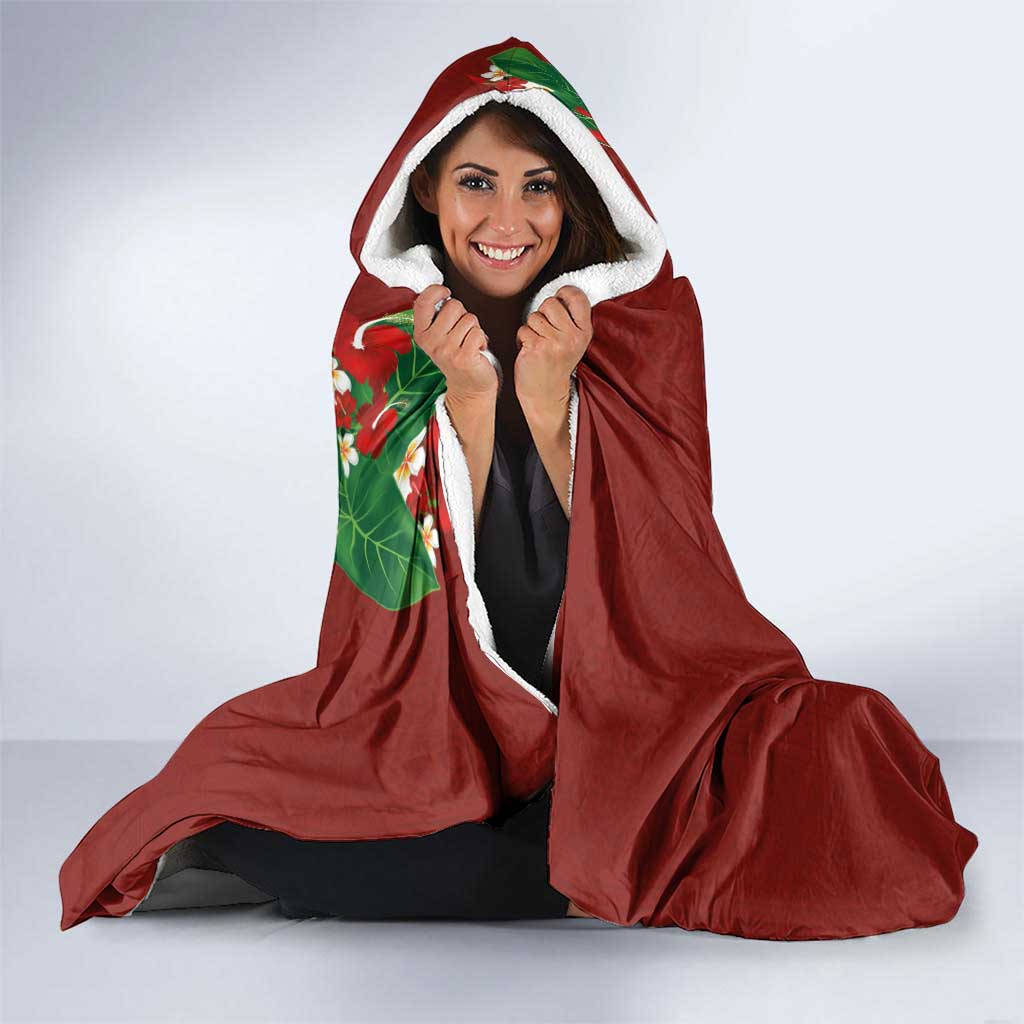 Hawaiian Taro Leaves-Hibiscus and Plumeria Hooded Blanket Polynesian Art-Kakau Tattoo Red LT03 - Polynesian Pride