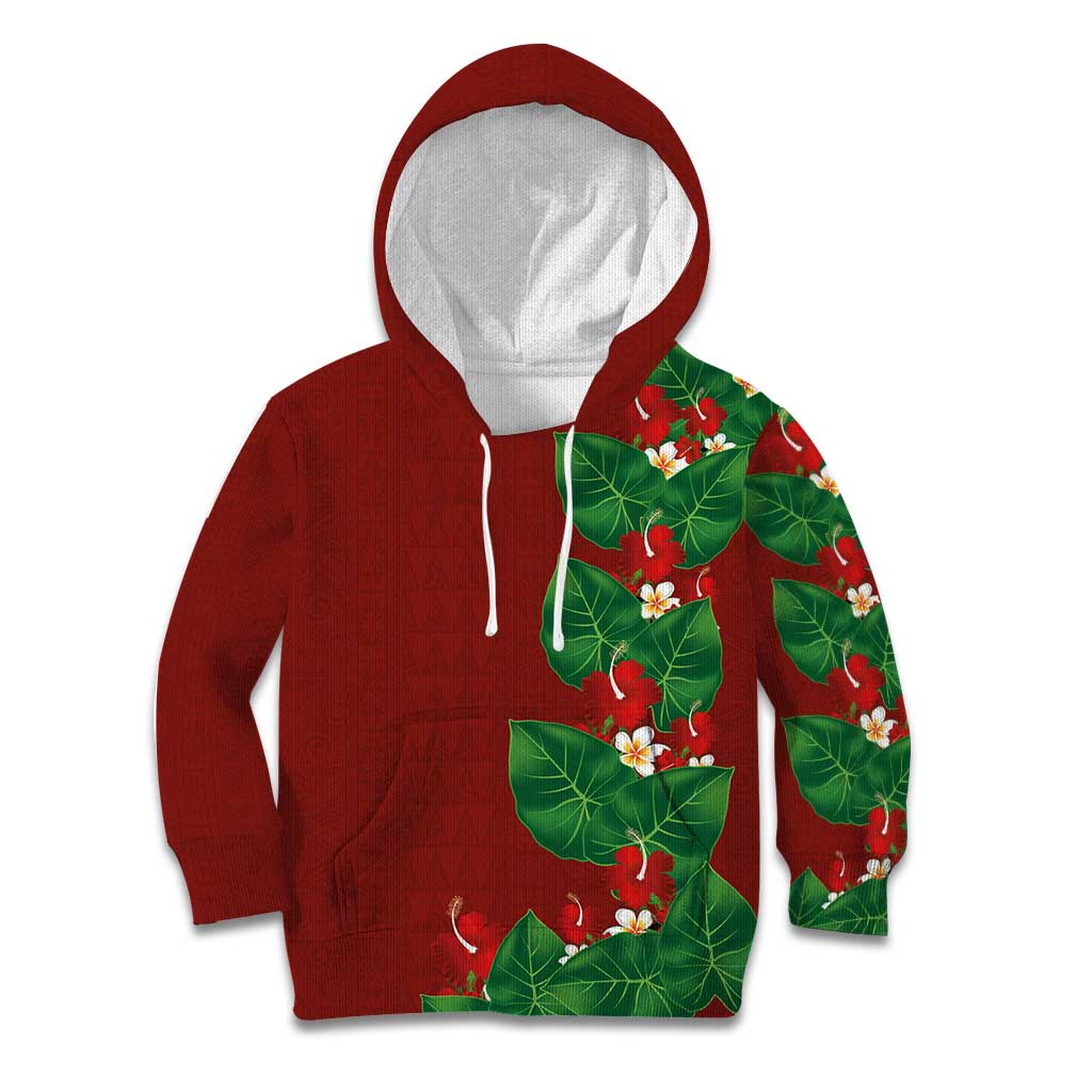 Hawaiian Taro Leaves-Hibiscus and Plumeria Kid Hoodie Polynesian Art-Kakau Tattoo Red LT03 Hoodie Red - Polynesian Pride