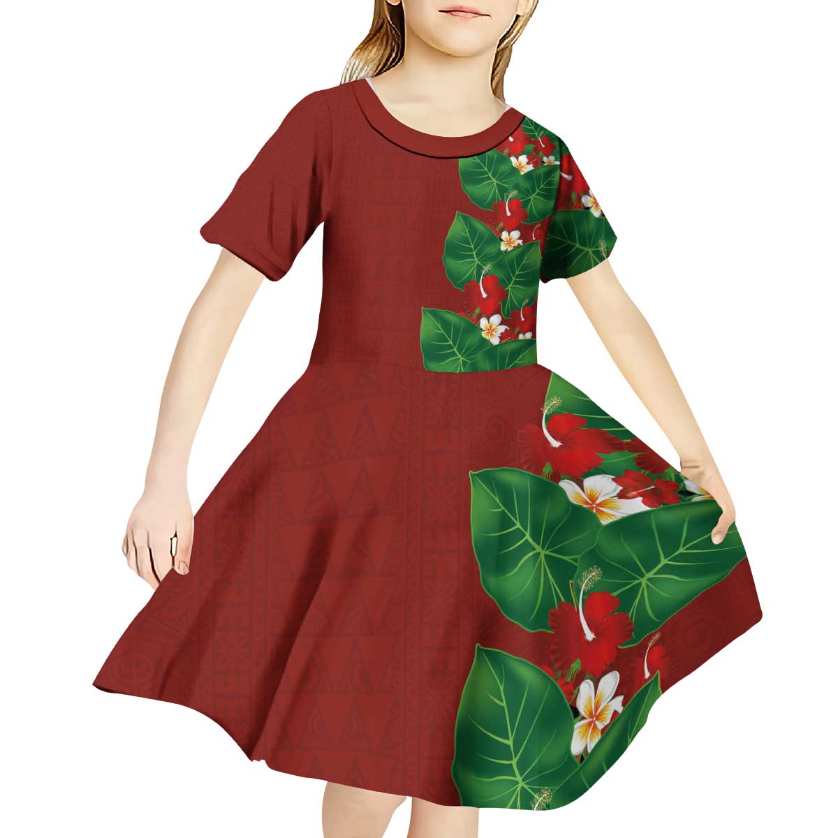 Hawaiian Taro Leaves-Hibiscus and Plumeria Kid Short Sleeve Dress Polynesian Art-Kakau Tattoo Red LT03 - Polynesian Pride