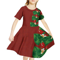 Hawaiian Taro Leaves-Hibiscus and Plumeria Kid Short Sleeve Dress Polynesian Art-Kakau Tattoo Red LT03 - Polynesian Pride