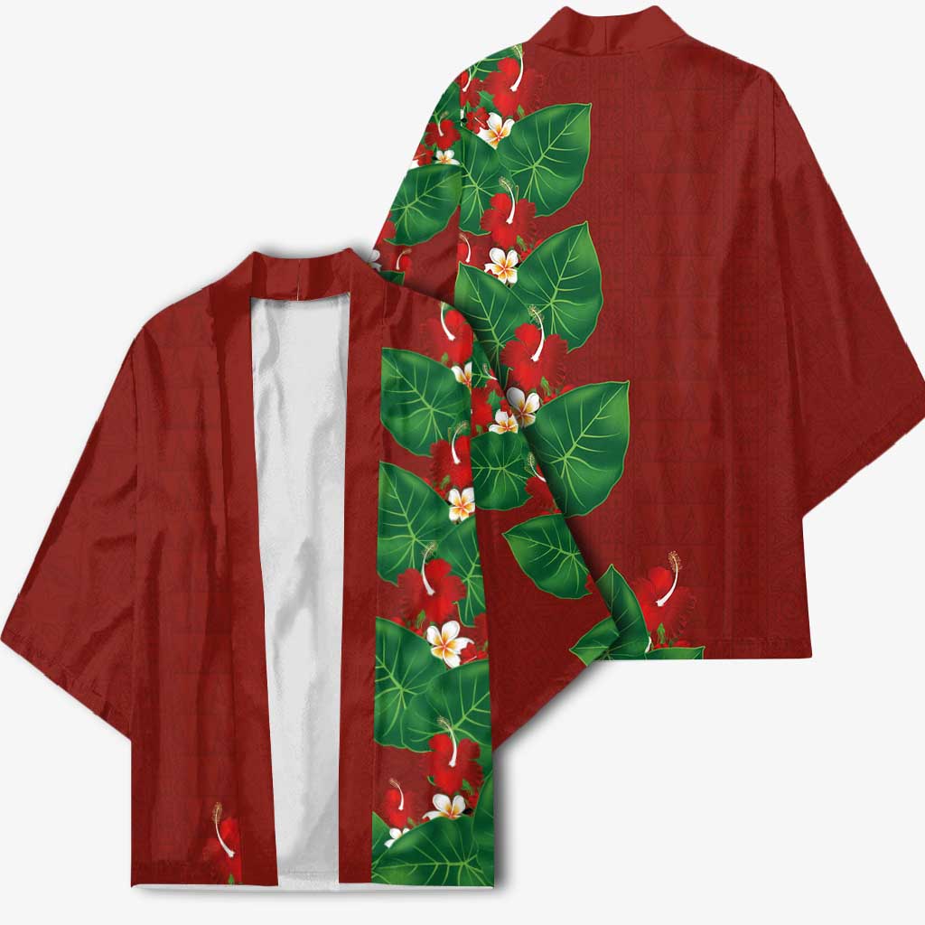 Hawaiian Taro Leaves-Hibiscus and Plumeria Kimono Polynesian Art-Kakau Tattoo Red LT03 - Polynesian Pride